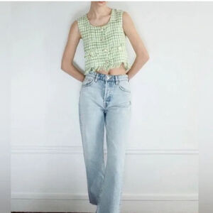 ZARA Green /White Cotton Tweed Vest Crop Top with Gold Tone Buttons Sz M NWT